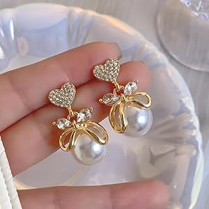 TVI Korean Studded Bow Heart Big Pearl Drop Earrings.