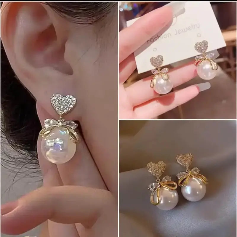 TVI Korean Studded Bow Heart Big Pearl Drop Earrings.