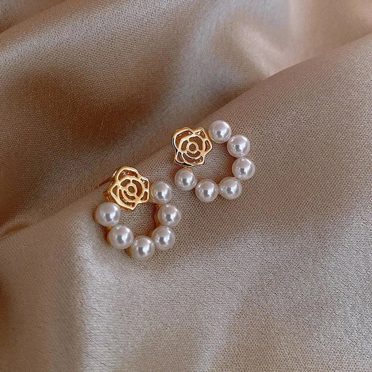 Delicate Rose Pearl Ring Earrings