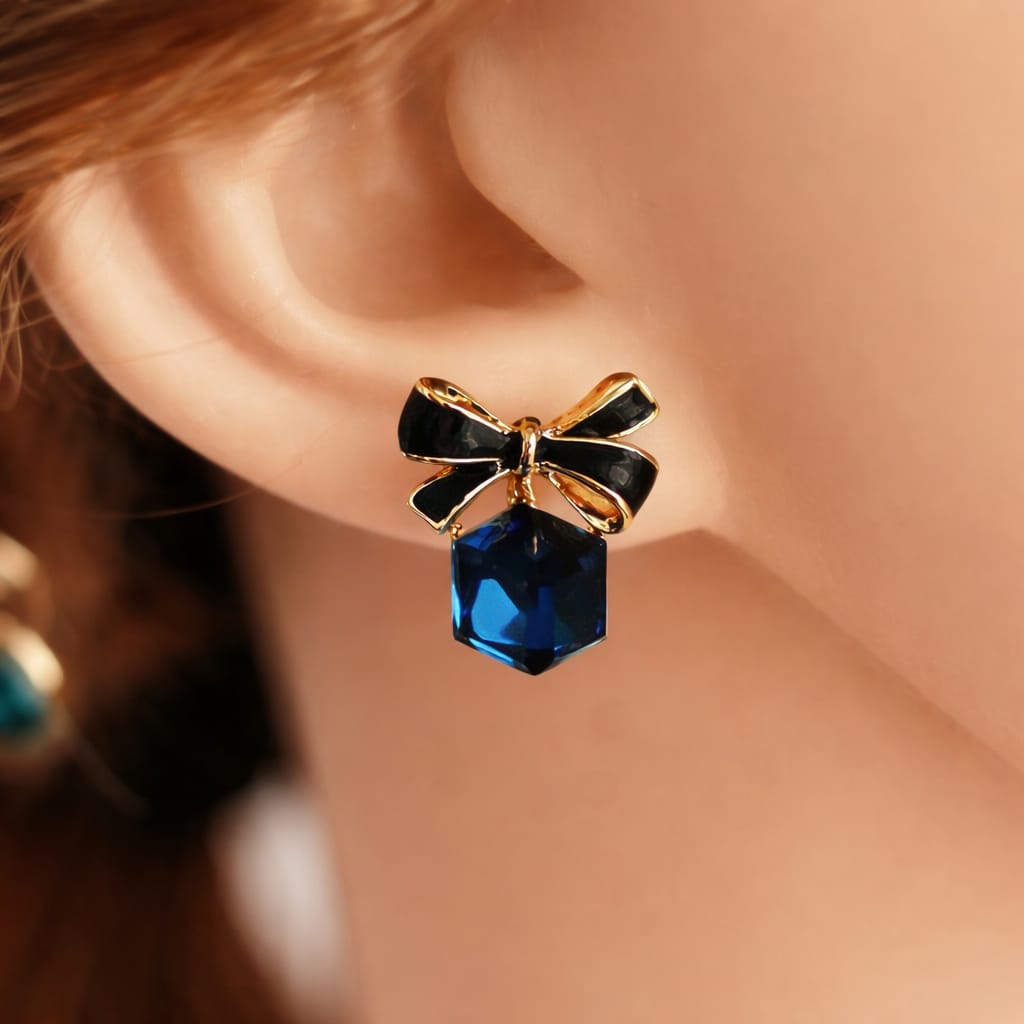 faux crystal bowknot cube ear studs
