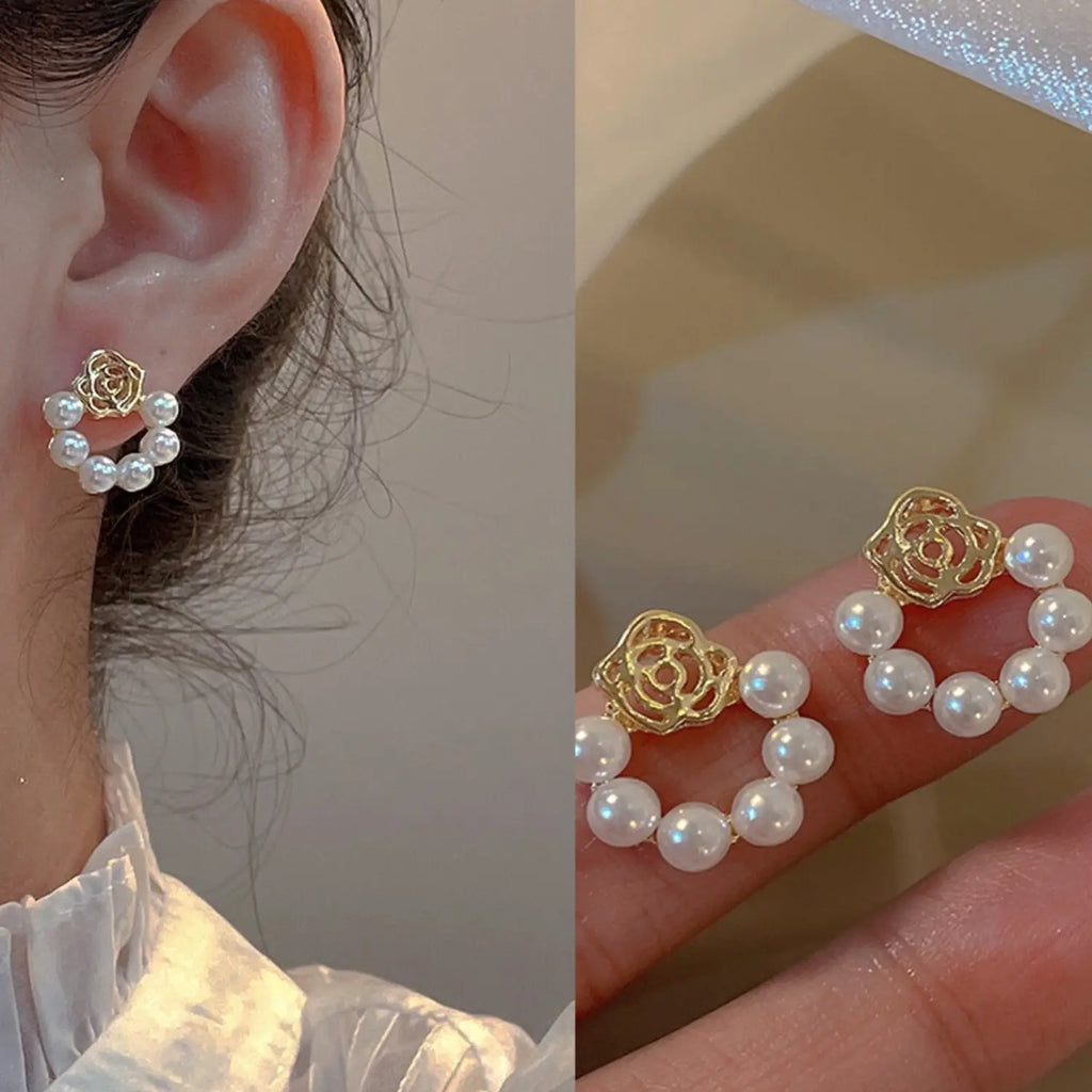 Delicate Rose Pearl Ring Earrings