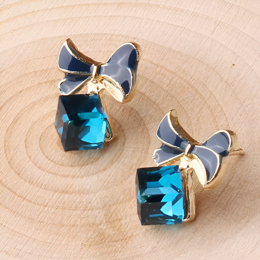 faux crystal bowknot cube ear studs